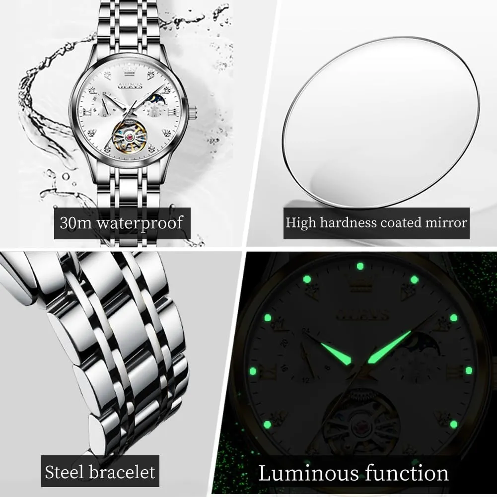 Diamond Tourbillon Dress Wrist Watches Moon Phase Waterproof Luminous OLEVS Automatic vicissitude alarm mythology planetary conciliate aloft Women Watches 