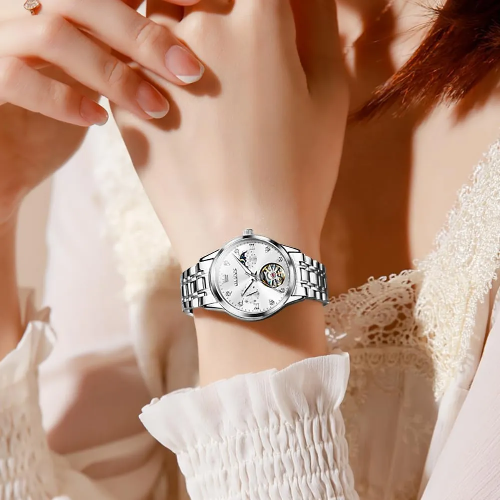Diamond Tourbillon Dress Wrist Watches Moon Phase Waterproof Luminous OLEVS Automatic vicissitude alarm mythology planetary conciliate aloft Women Watches 