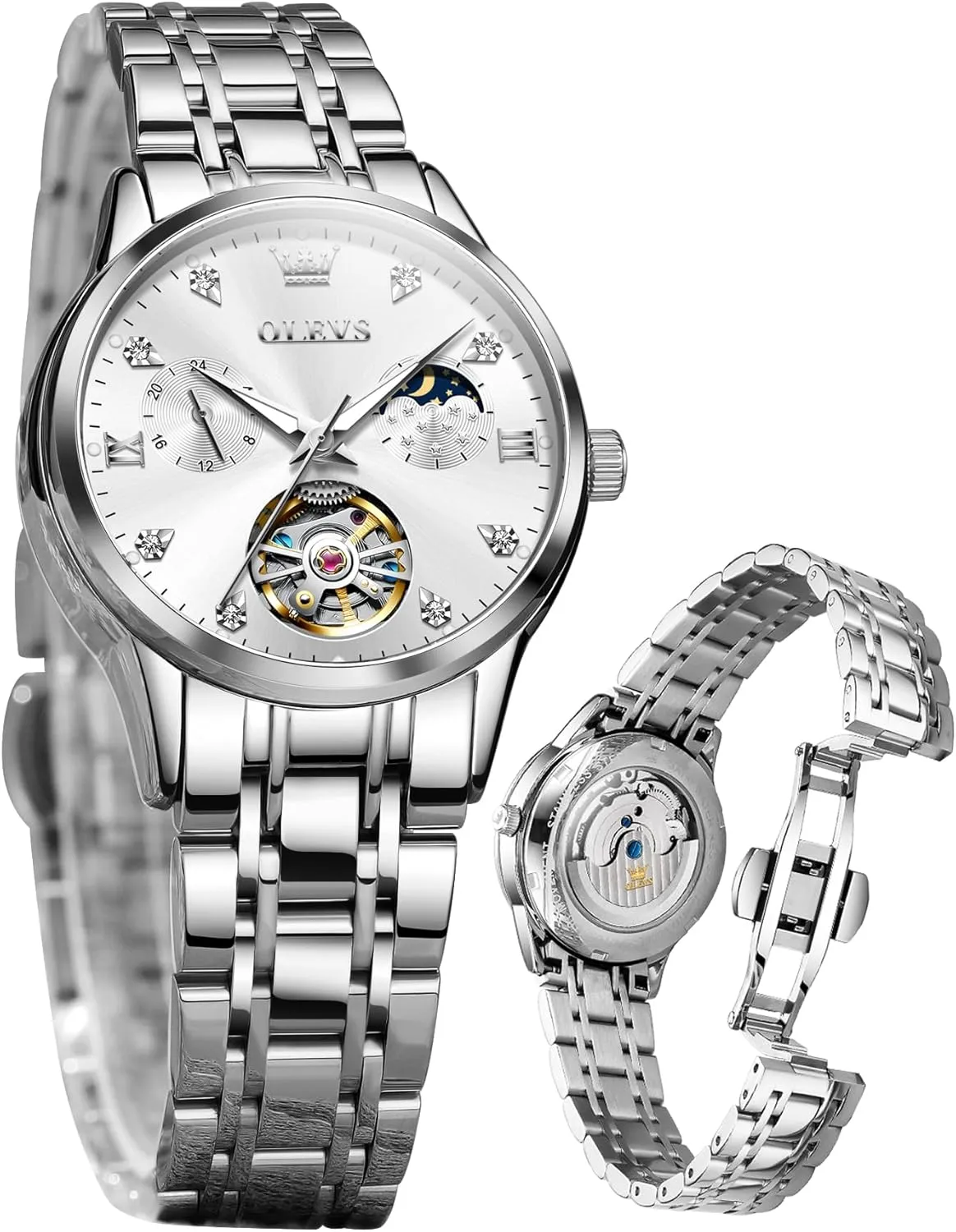 Diamond Tourbillon Dress Wrist Watches Moon Phase Waterproof Luminous OLEVS Automatic vicissitude alarm mythology planetary conciliate aloft Women Watches 