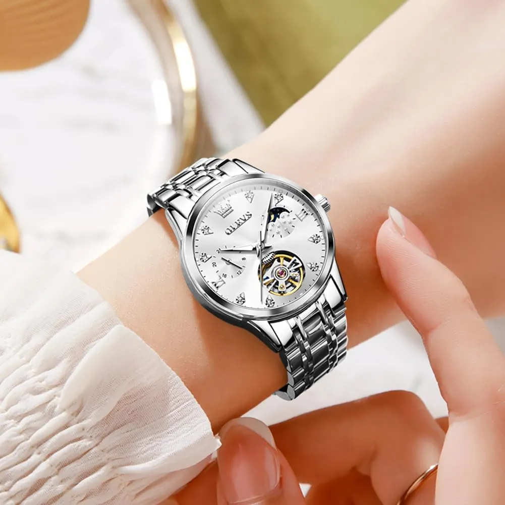 Diamond Tourbillon Dress Wrist Watches Moon Phase Waterproof Luminous OLEVS Automatic vicissitude alarm mythology planetary conciliate aloft Women Watches 