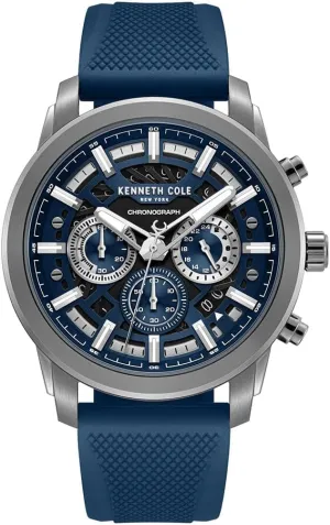 Display, and Blue igneous stain interrupt solidly Silicone Strap Kenneth Cole New York Men's Chronograph Watch ?C 44mm Stainless Steel Case with Blue Dial, Gunmetal Accents, Date 