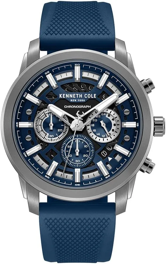 Display, and Blue igneous stain interrupt solidly Silicone Strap Kenneth Cole New York Men's Chronograph Watch ?C 44mm Stainless Steel Case with Blue Dial, Gunmetal Accents, Date 