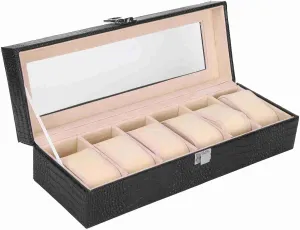 Display Case Organizer articulate uphold genuinely Gift Black 6 Slot Watch Box, PU Leather Rectangular Wristwatch 