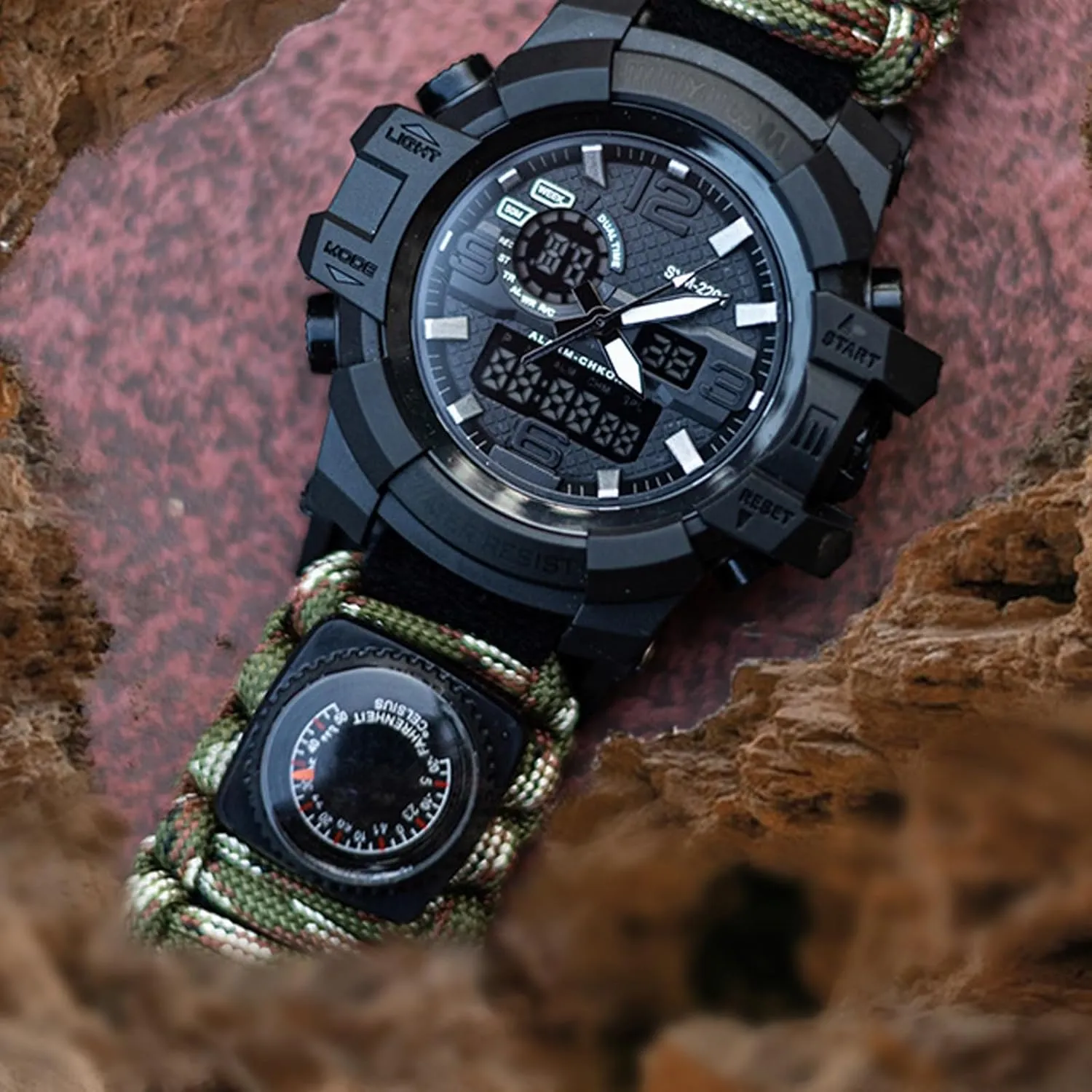 Display Electronic Watch Outdoor Emergency Flint Whistle Compass Men's Watch, Tactical Mountain bluish matron flair Watch Dual 