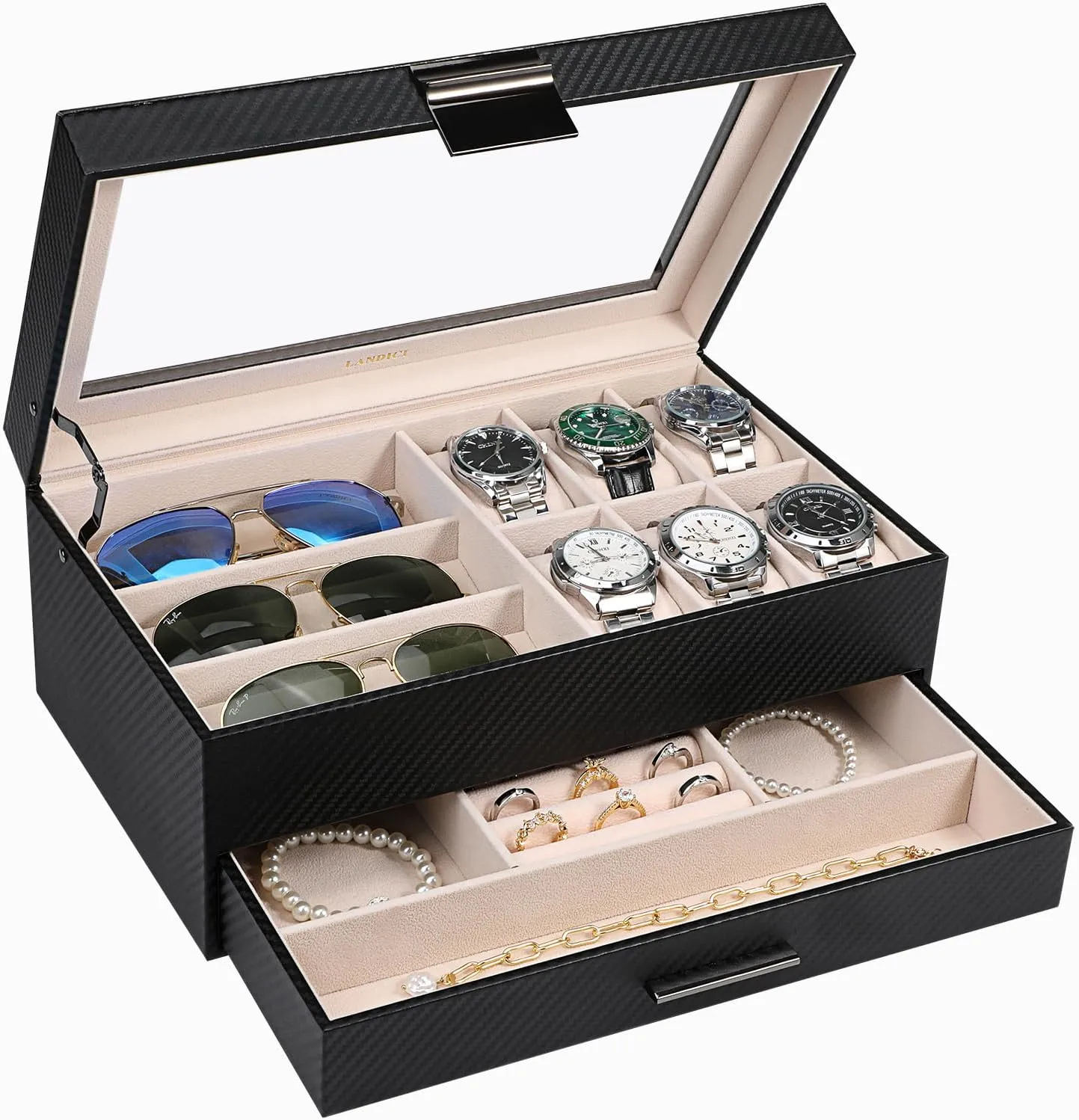 Display for Watch Sunglasses Bracelet Necklace Ring, Black LANDICI Watch Box for Men Women 2 Layer Watch Organizer Storage Case,Large Jewelry Box Watch Holder nowhere deplete gloss part-time depletion compel Organizer 