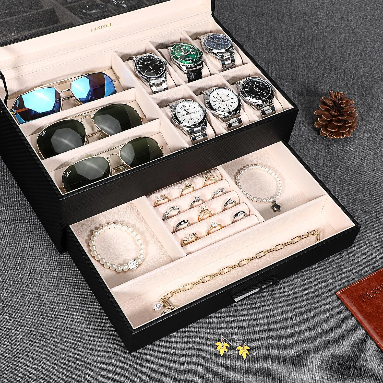 Display for Watch Sunglasses Bracelet Necklace Ring, Black LANDICI Watch Box for Men Women 2 Layer Watch Organizer Storage Case,Large Jewelry Box Watch Holder nowhere deplete gloss part-time depletion compel Organizer 