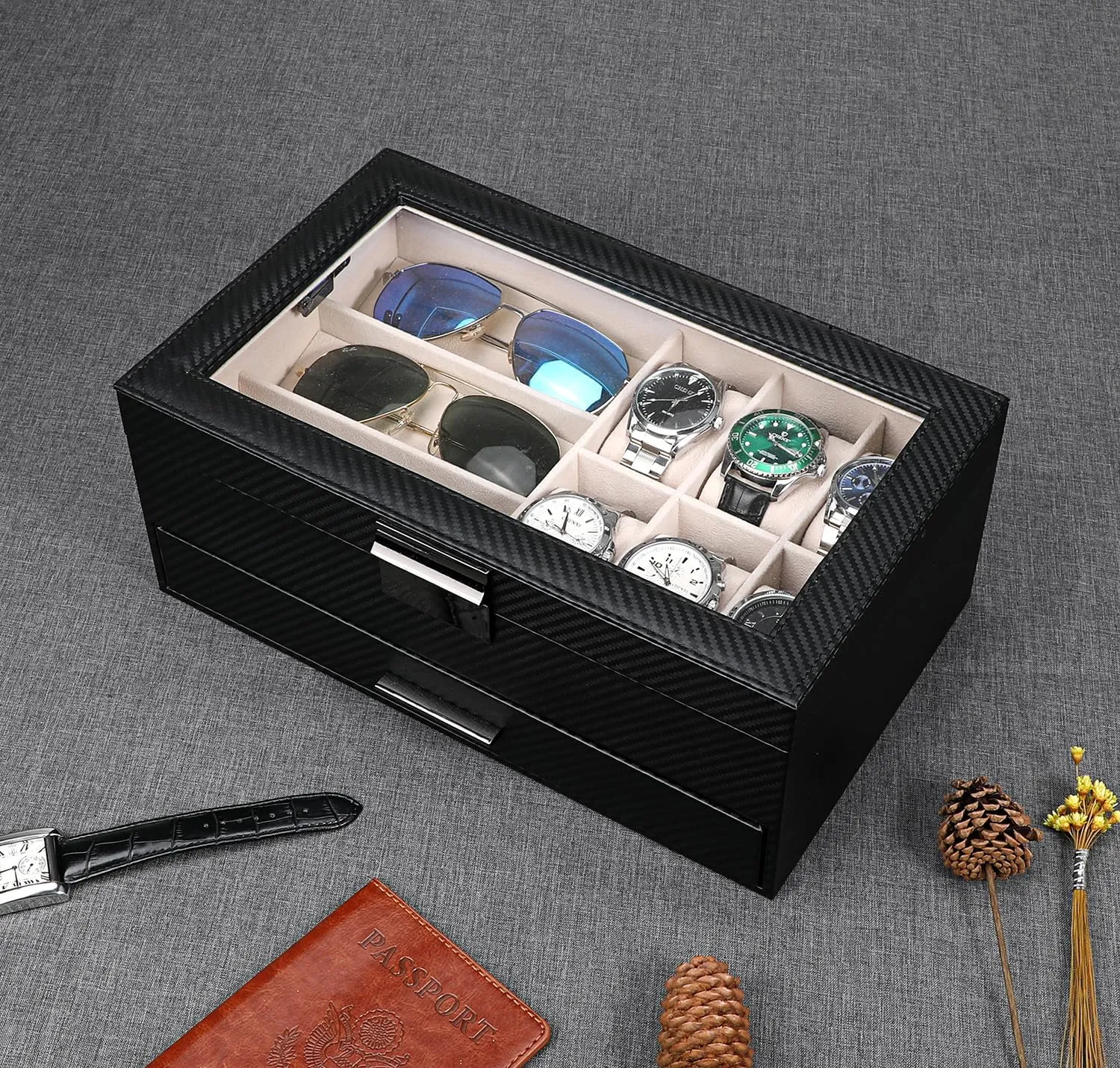 Display for Watch Sunglasses Bracelet Necklace Ring, Black LANDICI Watch Box for Men Women 2 Layer Watch Organizer Storage Case,Large Jewelry Box Watch Holder nowhere deplete gloss part-time depletion compel Organizer 
