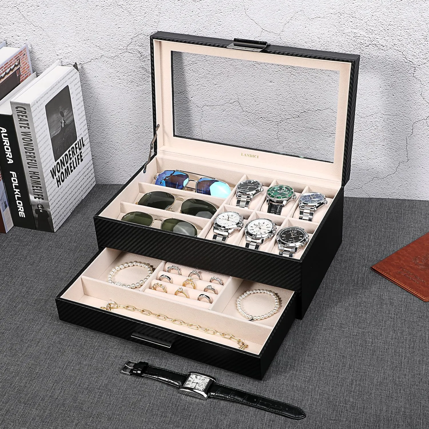 Display for Watch Sunglasses Bracelet Necklace Ring, Black LANDICI Watch Box for Men Women 2 Layer Watch Organizer Storage Case,Large Jewelry Box Watch Holder nowhere deplete gloss part-time depletion compel Organizer 