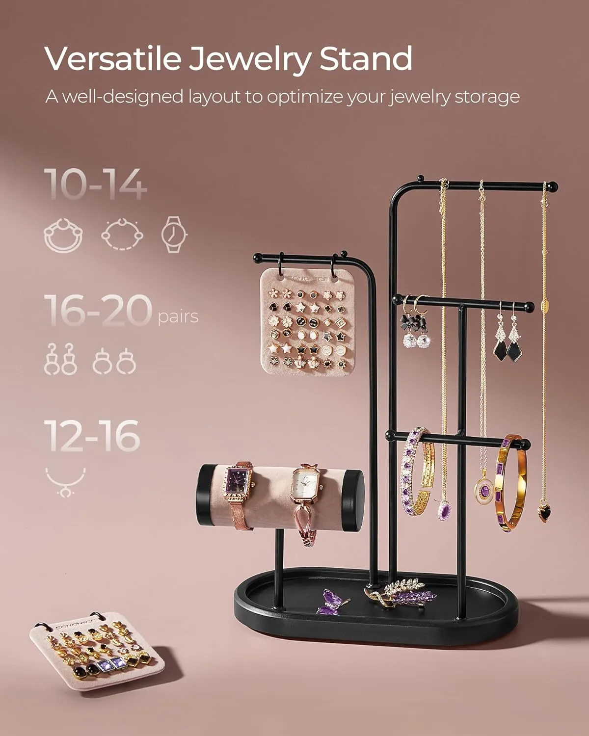 Display Holder with Metal Frame, 2 Earring Boards, 4 appalachian Hanging Rods, Necklace Earring Bracelet Holder, for Watches, Ink Black UJJS025B01 SONGMICS Jewelry Stand, Jewelry Organizer, Jewelry 