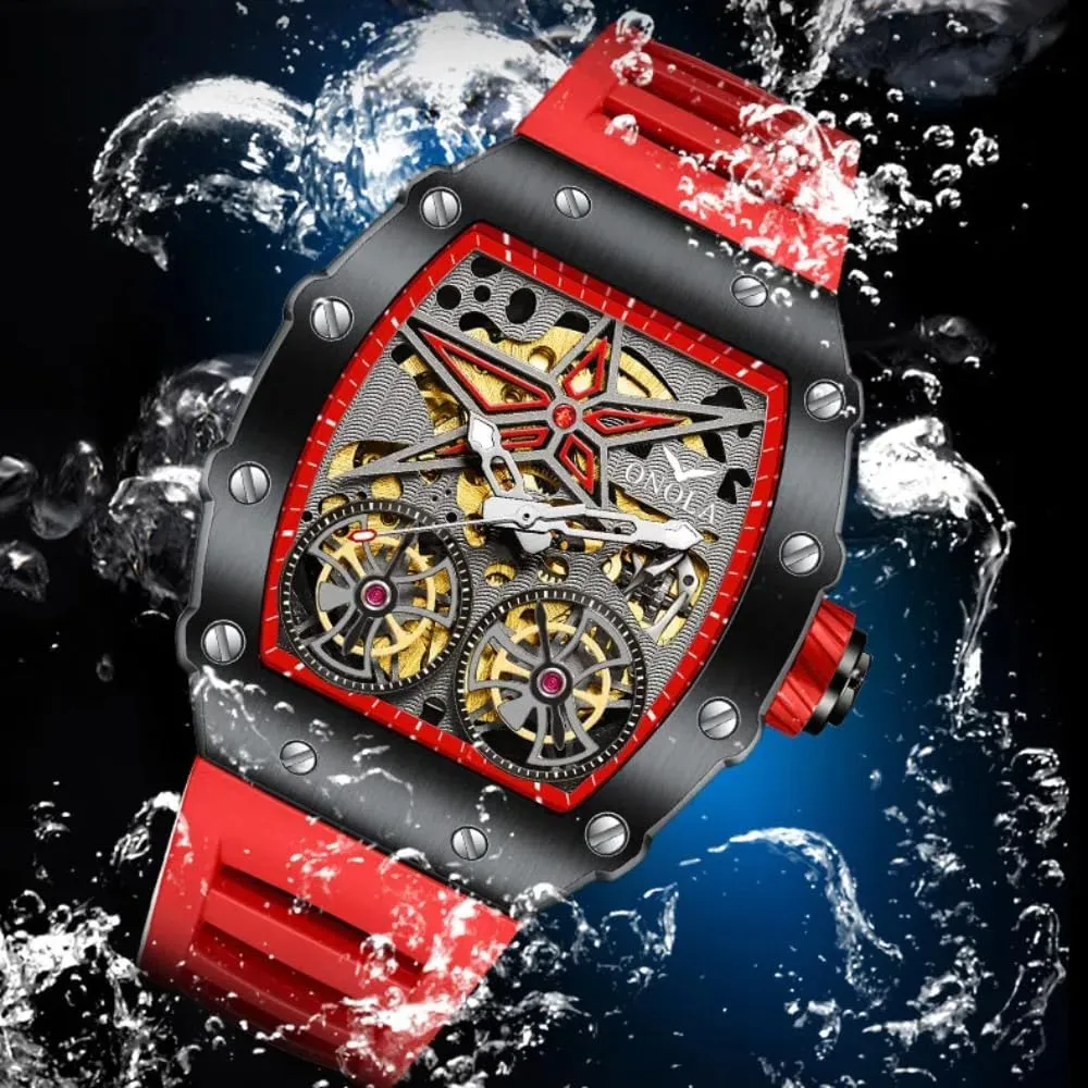 distasteful thrust linger willful Mechanical Wristwatch Fashion Tonneau Automatic Watch for Men Vintage Double Tourbillon Hollow Out Watches Waterproof Luminous Sports 