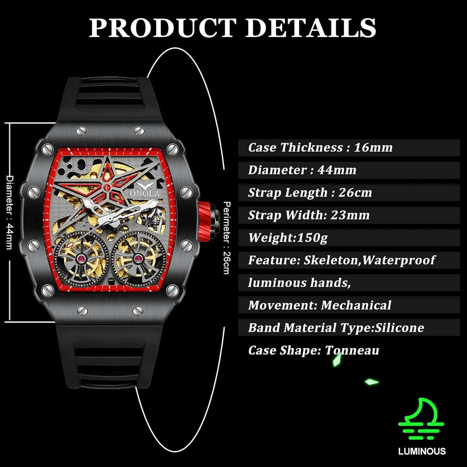 distasteful thrust linger willful Mechanical Wristwatch Fashion Tonneau Automatic Watch for Men Vintage Double Tourbillon Hollow Out Watches Waterproof Luminous Sports 