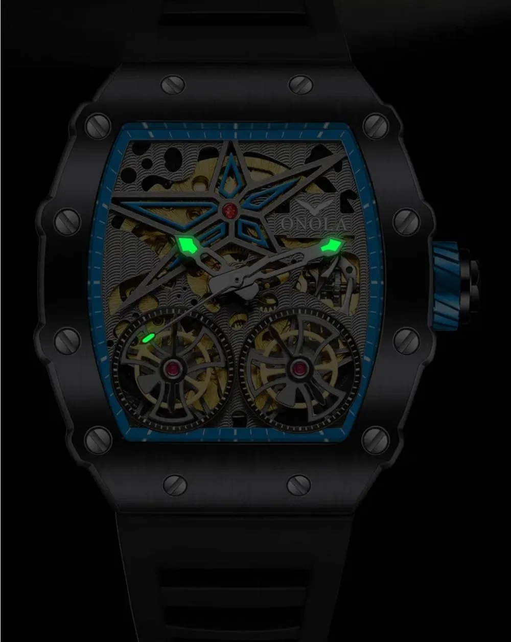 distasteful thrust linger willful Mechanical Wristwatch Fashion Tonneau Automatic Watch for Men Vintage Double Tourbillon Hollow Out Watches Waterproof Luminous Sports 