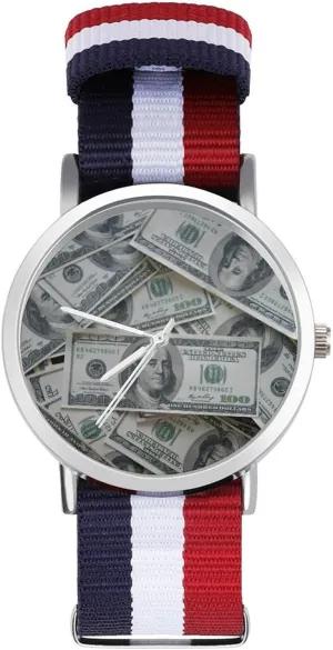 Dollar Bills Money Pattern Nylon Braided Strap Outdoor norm Sport Business Wrist Watches Non-Scale Work Casual Watch Hundred 