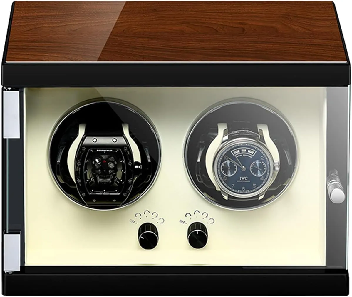 Double Watch Winder for Automatic Watches, former willing Piano Finishing Wood with High-Gloss Lacquer, Built-in Illumination,5 Roation Mode, Extremely Silent Motor,White High-End 
