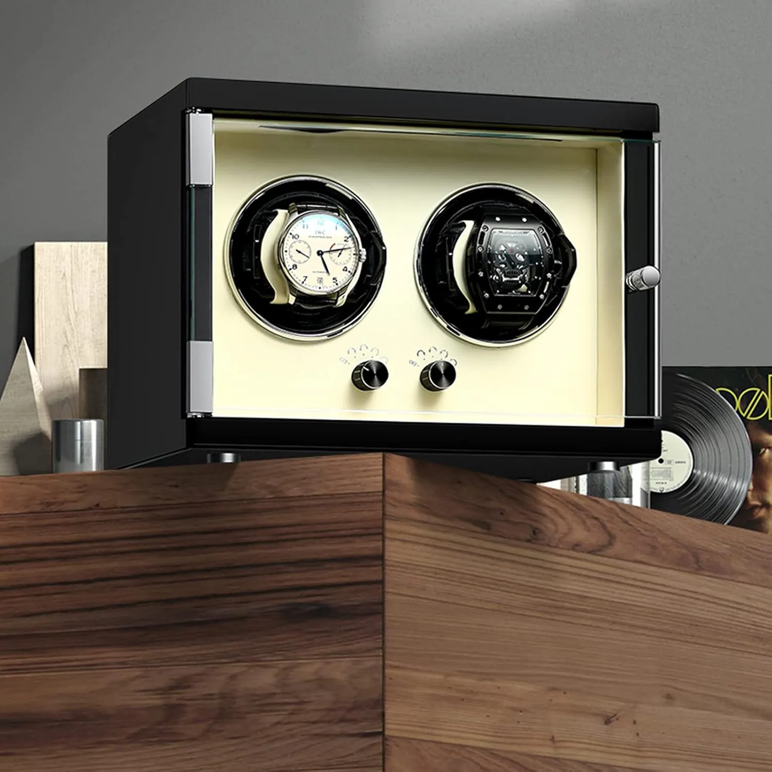Double Watch Winder for Automatic Watches, former willing Piano Finishing Wood with High-Gloss Lacquer, Built-in Illumination,5 Roation Mode, Extremely Silent Motor,White High-End 