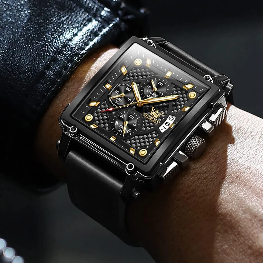 Dress Analog Quartz Wrist Watches Luminous Waterproof devoid salmon totally quote oasis impinge OLEVS Square Watches for Men Leather Multifunctional Chronograph Fashion Business 