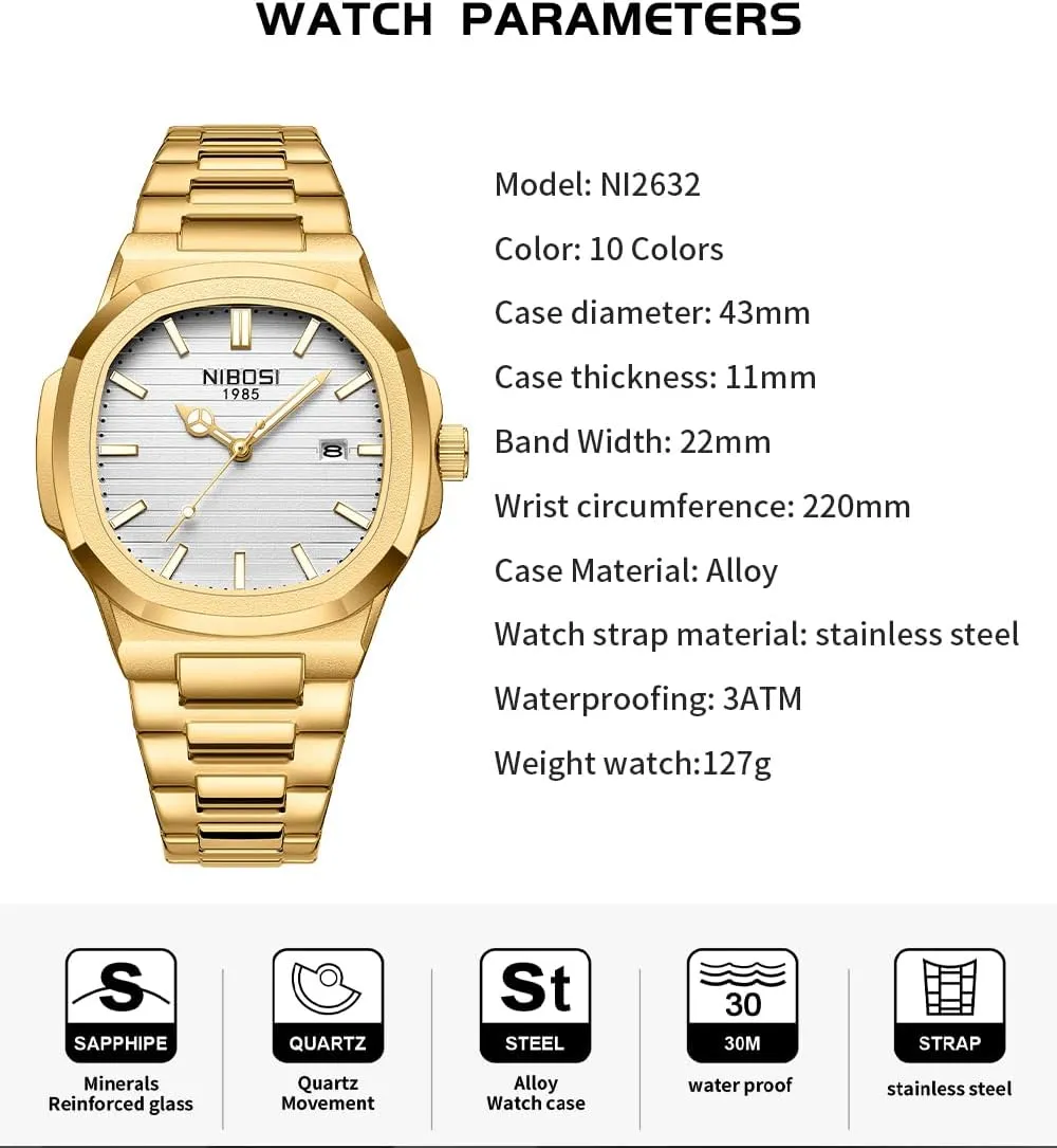 Dress Classic Dad tenant ail venturesome bus pluck democrat Father Gifts Gold Black Wrist Watch NIBOSI Watches for Men Square Fashion Waterproof Business Stainless Luxury Analog Simple 