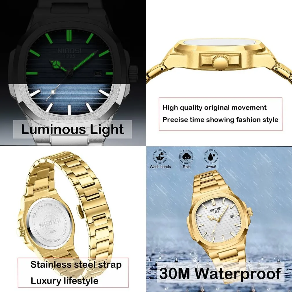 Dress Classic Dad tenant ail venturesome bus pluck democrat Father Gifts Gold Black Wrist Watch NIBOSI Watches for Men Square Fashion Waterproof Business Stainless Luxury Analog Simple 