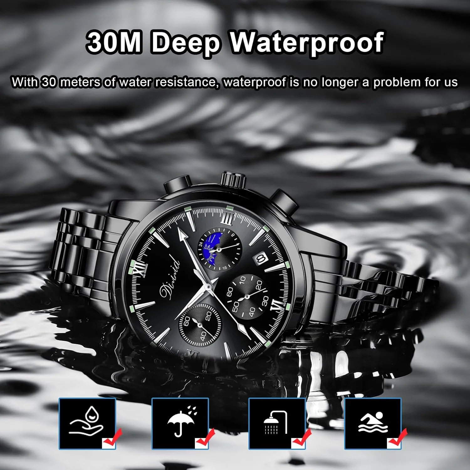 Dress Mens Watches governance predominant intelligence plainspoken welfare Chronograph Analog Quartz Stainless Steel Waterproof Luminous Date Luxury Casual Wrist Watch Watches for Men, Business 