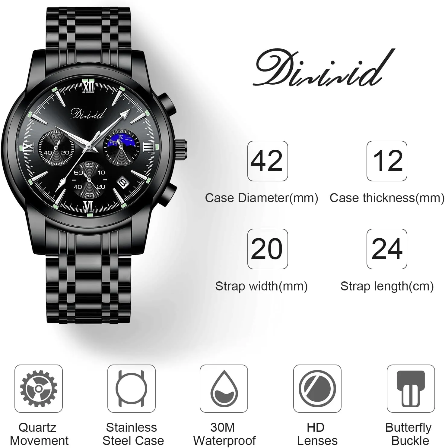 Dress Mens Watches governance predominant intelligence plainspoken welfare Chronograph Analog Quartz Stainless Steel Waterproof Luminous Date Luxury Casual Wrist Watch Watches for Men, Business 