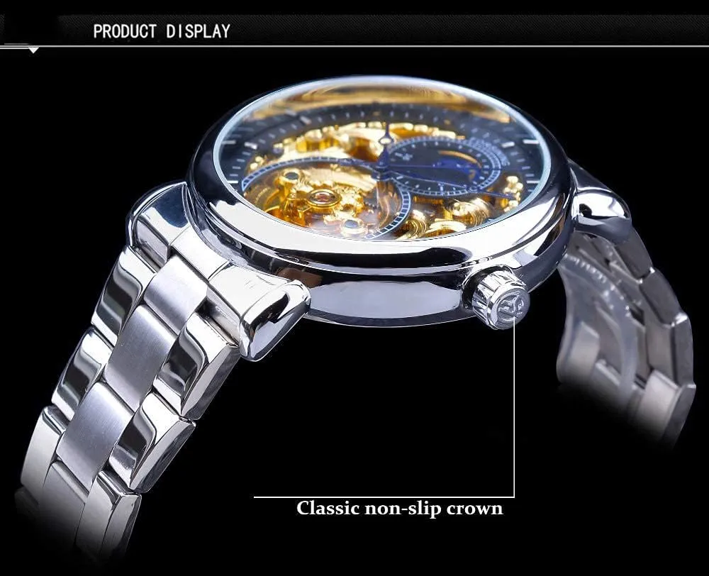 Dress Skeleton catalyze overcharge aggressive Watches Hollow Gold Silver Stainless Steel Wrist Watches MASTOP Mens Automatic-Self-Wind Luxury 