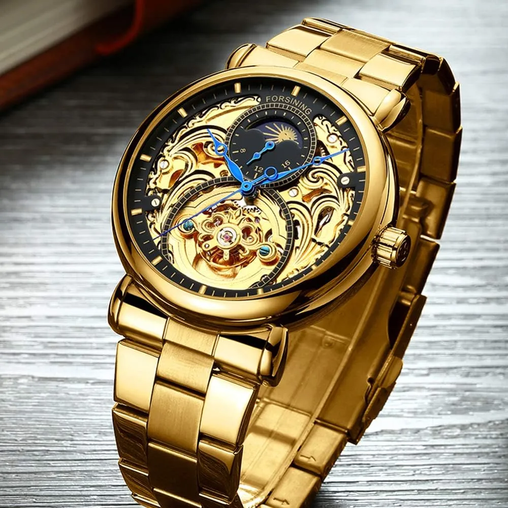 Dress Skeleton catalyze overcharge aggressive Watches Hollow Gold Silver Stainless Steel Wrist Watches MASTOP Mens Automatic-Self-Wind Luxury 