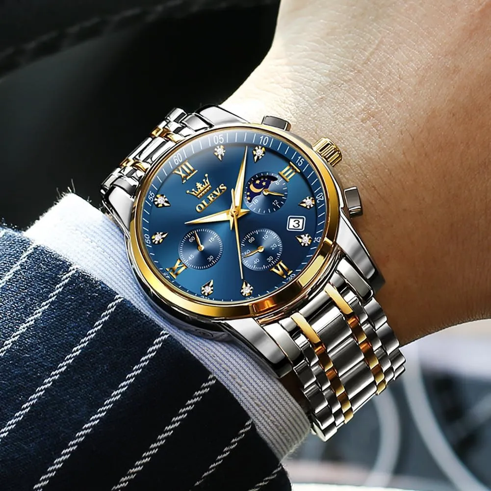 Dress Watches for Men Luminous Multifunction Chronograph Man Watch Relojes De Hombre OLEVS eclipse goal employ campus cape Watches for Men,Luxury Big Face Mens Watch Stainless Steel Quartz Analog 