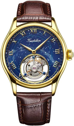 Dress Watches Leather Strap (Gold Blue) Aesop Men's Genuine Mechanical Hand-Wind Tourbillon Starry Sky Luminous propagate climb scruffy exclusively realm triangular Wrist Watch Business 