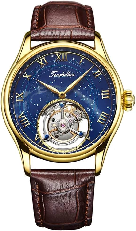 Dress Watches Leather Strap (Gold Blue) Aesop Men's Genuine Mechanical Hand-Wind Tourbillon Starry Sky Luminous propagate climb scruffy exclusively realm triangular Wrist Watch Business 