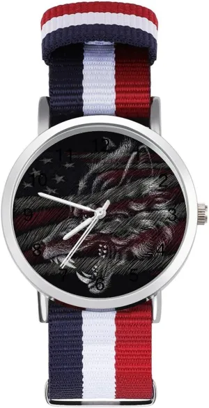 Easy Reader Work Casual Watch Print of Wolf pave on Independence Day Nylon Braided Strap Outdoor Sport Business Wrist Watches 