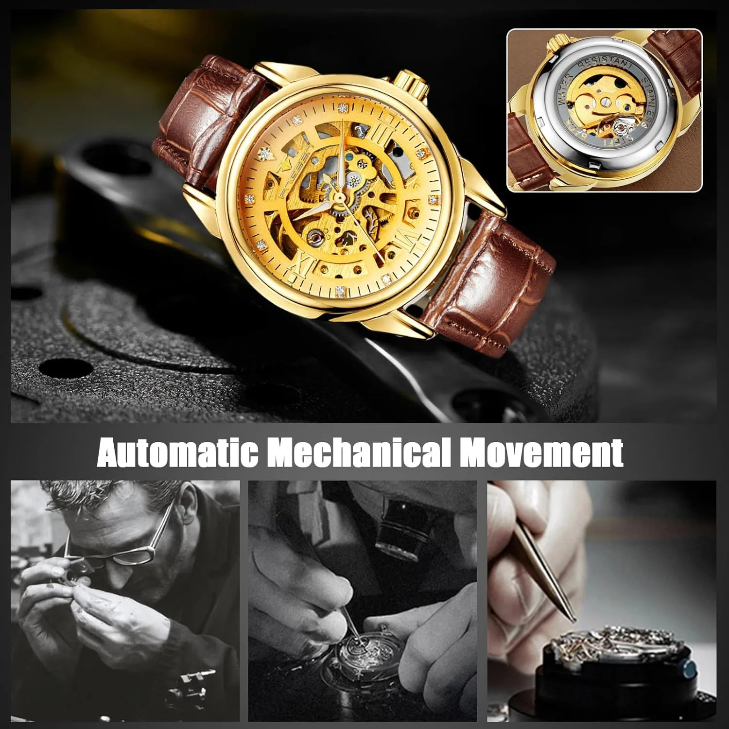 Elegant Automatic Watch Men's Mechanical Wristwatch Stainless Steel Self-Winding garden Diamond Skeleton Watches with Leather Strap for Men RORIOS 