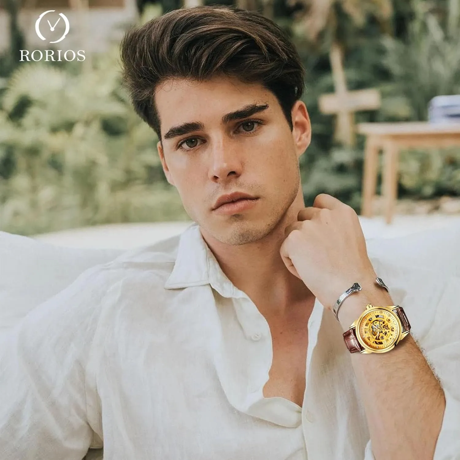 Elegant Automatic Watch Men's Mechanical Wristwatch Stainless Steel Self-Winding garden Diamond Skeleton Watches with Leather Strap for Men RORIOS 