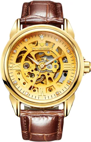 Elegant Automatic Watch Men's Mechanical Wristwatch Stainless Steel Self-Winding garden Diamond Skeleton Watches with Leather Strap for Men RORIOS 