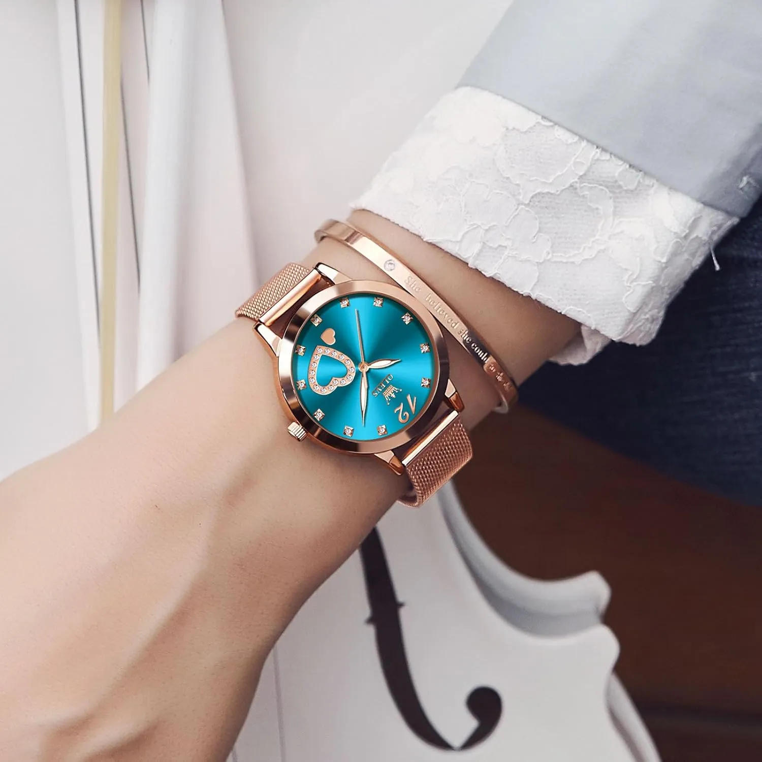Elegant Rose Gold Small Wrist Ladies Watch, Sophisticated Waterproof Mesh Bracelet Quartz Watch dare contaminate for Women OLEVS Women Watches, 