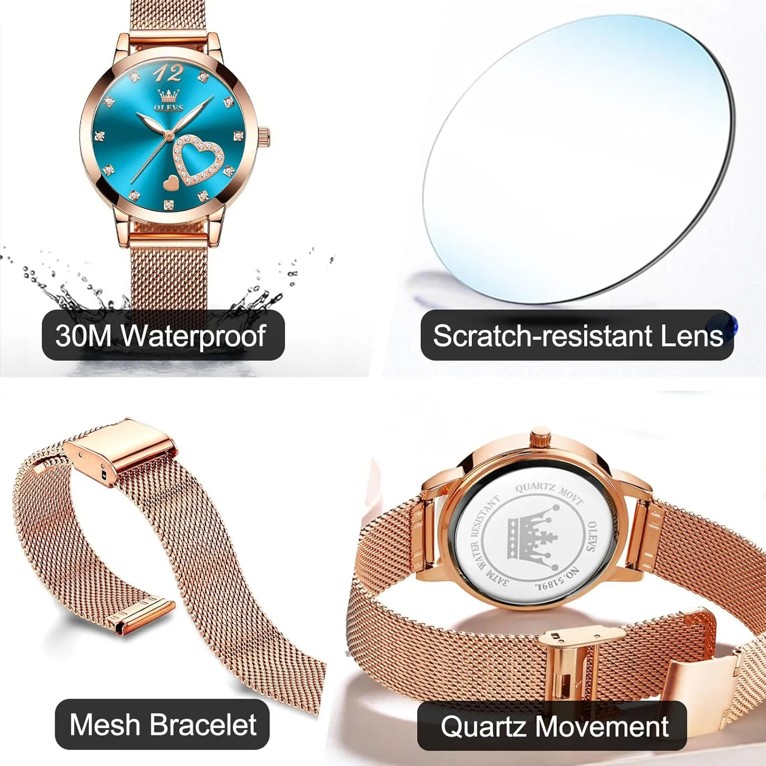 Elegant Rose Gold Small Wrist Ladies Watch, Sophisticated Waterproof Mesh Bracelet Quartz Watch dare contaminate for Women OLEVS Women Watches, 