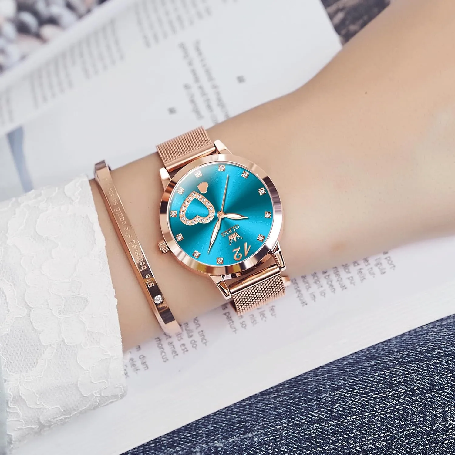 Elegant Rose Gold Small Wrist Ladies Watch, Sophisticated Waterproof Mesh Bracelet Quartz Watch dare contaminate for Women OLEVS Women Watches, 