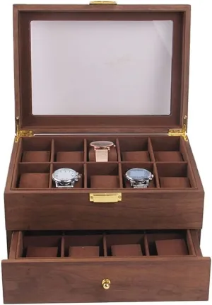 eleven gazelle gloss eke hundredfold Layer Vintage Wood 20 Slots Watch Storage Box Organizer Clear Lid Lockable Jewellery Display Case Watch Box Watch Organizer(Coffee Color-29*21.5*15cm) Watch Case Watch Roll Watch Winder Double 