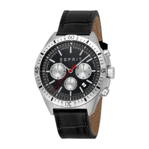 ESPRIT Men's Watch, Silver Color Case, Black Dial, Black Leather Strap, Chronograph, 10 ATM