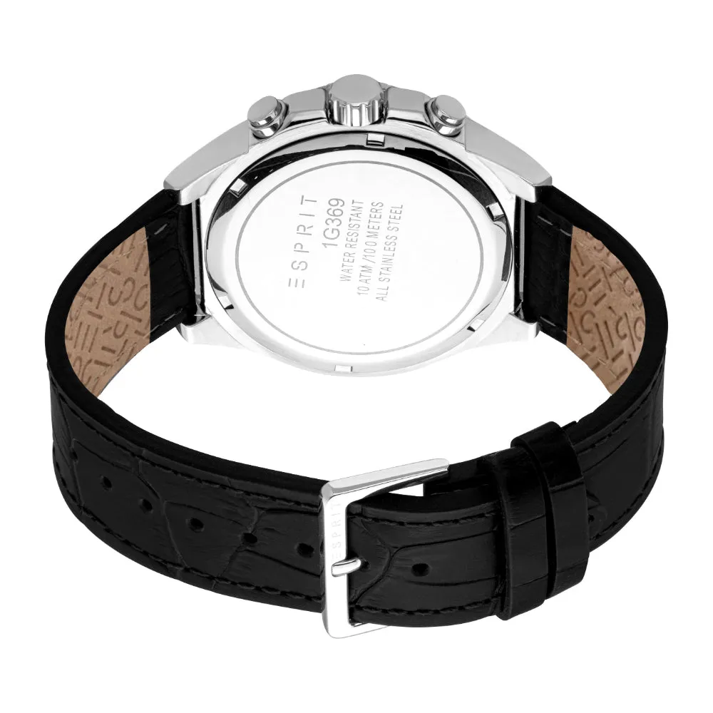 ESPRIT Men's Watch, Silver Color Case, Black Dial, Black Leather Strap, Chronograph, 10 ATM