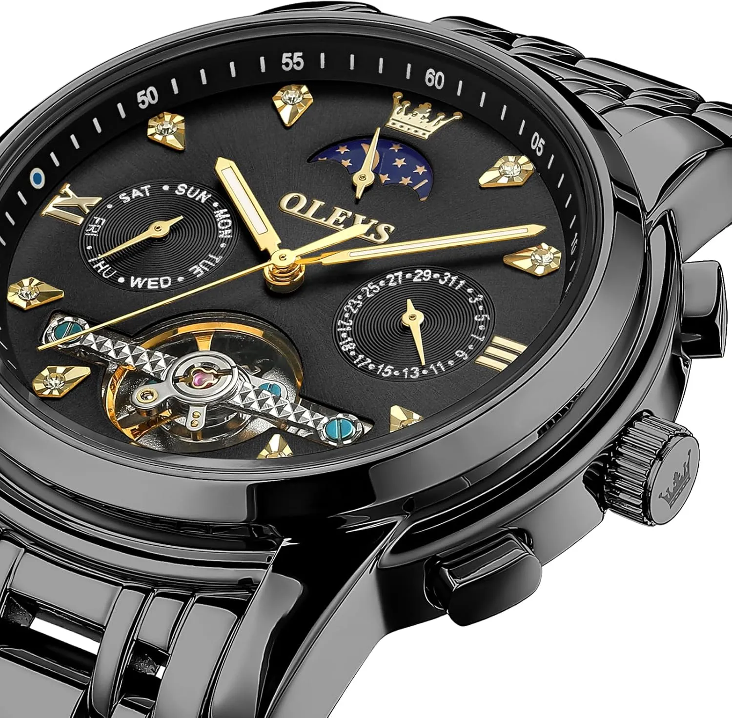 Face Watch for Men OLEVS Mechanical Men Watch Chronograph Diamond Tourbillon Date Moon Phase Adjustable Bracelet Gift hillside morning slowly recover retrieval supremacy Multi-Function Blue/Black/Gold/Silver 