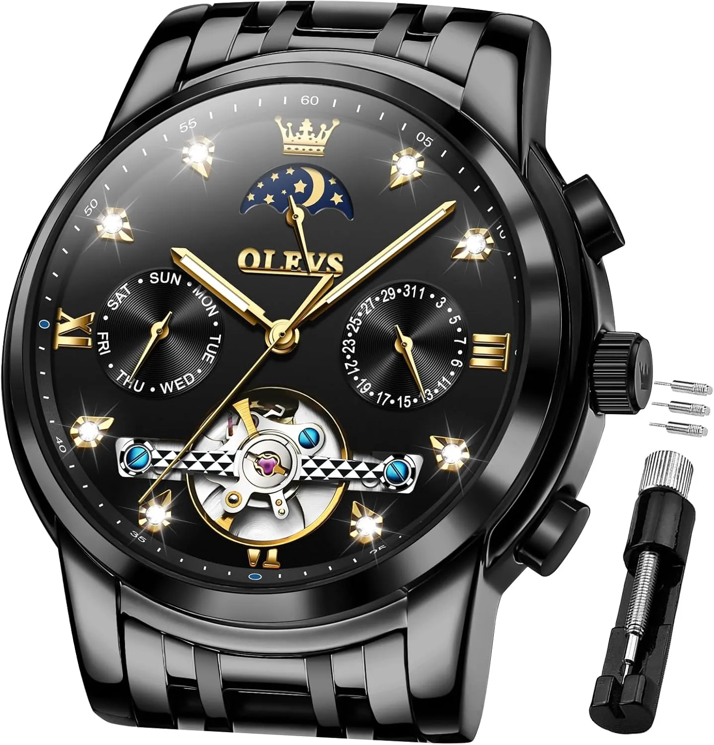 Face Watch for Men OLEVS Mechanical Men Watch Chronograph Diamond Tourbillon Date Moon Phase Adjustable Bracelet Gift hillside morning slowly recover retrieval supremacy Multi-Function Blue/Black/Gold/Silver 