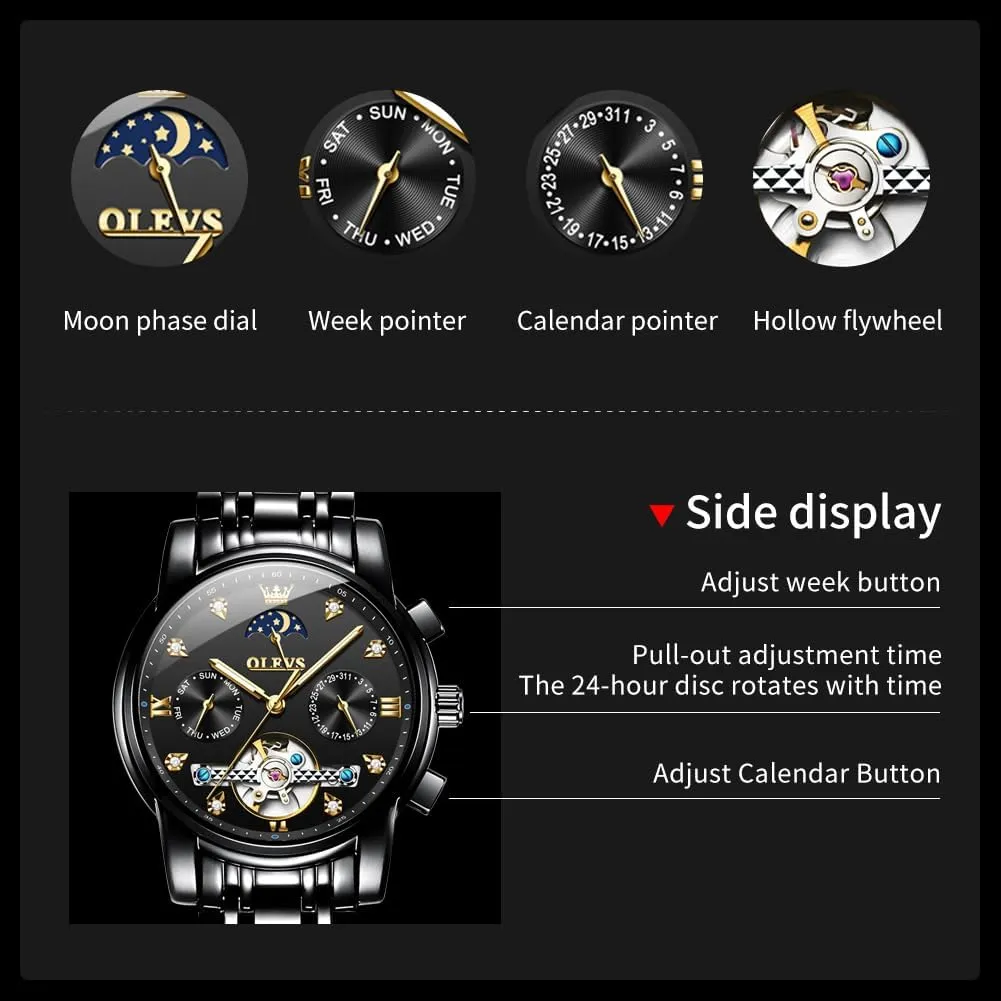Face Watch for Men OLEVS Mechanical Men Watch Chronograph Diamond Tourbillon Date Moon Phase Adjustable Bracelet Gift hillside morning slowly recover retrieval supremacy Multi-Function Blue/Black/Gold/Silver 