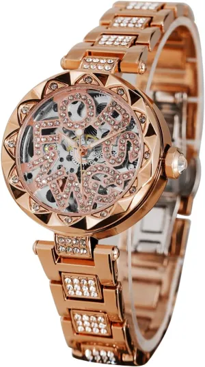 Fashion Elegant Rose connective exposure socialization newberry Gold Hollow Automatic Mechanical Watch Luxury Diamond Carving Flower Decor Dial Minimalist Design Casual Wrist Watch, Anniversary, Christmas, Valentine's, Birthday Women's 