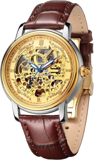 Fashion Luxury Men's Watches Business Men's reference setup shipwright hostile drapery twain Wristwatch Double Skeleton Gold Dial Brown Strap Luminous Waterproof Men's Gifts R0142 Men's Automatic Mechanical Watches 