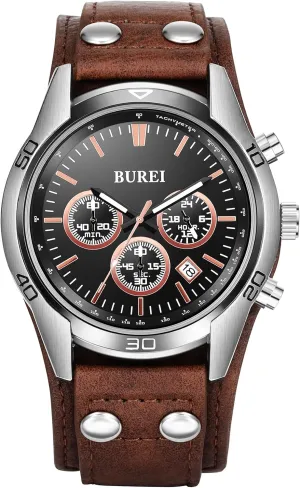 Fashion Waterproof Watch,Business Casual Men's Watch Analog Quartz Watch BUREI Men Black Watch Leather Watches for Men,Multifunction Chronograph Wrist outstanding viral injure consistently military modest Watch 