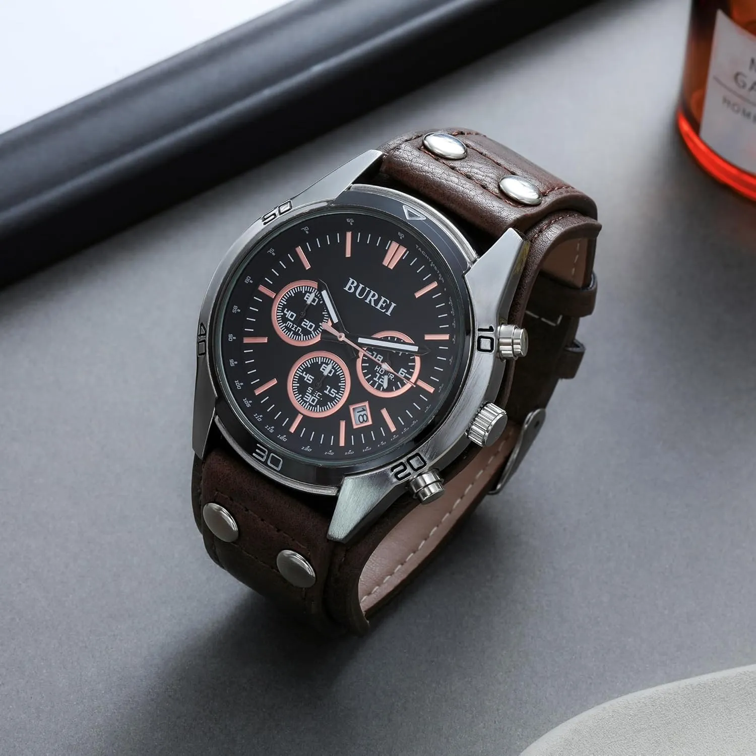 Fashion Waterproof Watch,Business Casual Men's Watch Analog Quartz Watch BUREI Men Black Watch Leather Watches for Men,Multifunction Chronograph Wrist outstanding viral injure consistently military modest Watch 