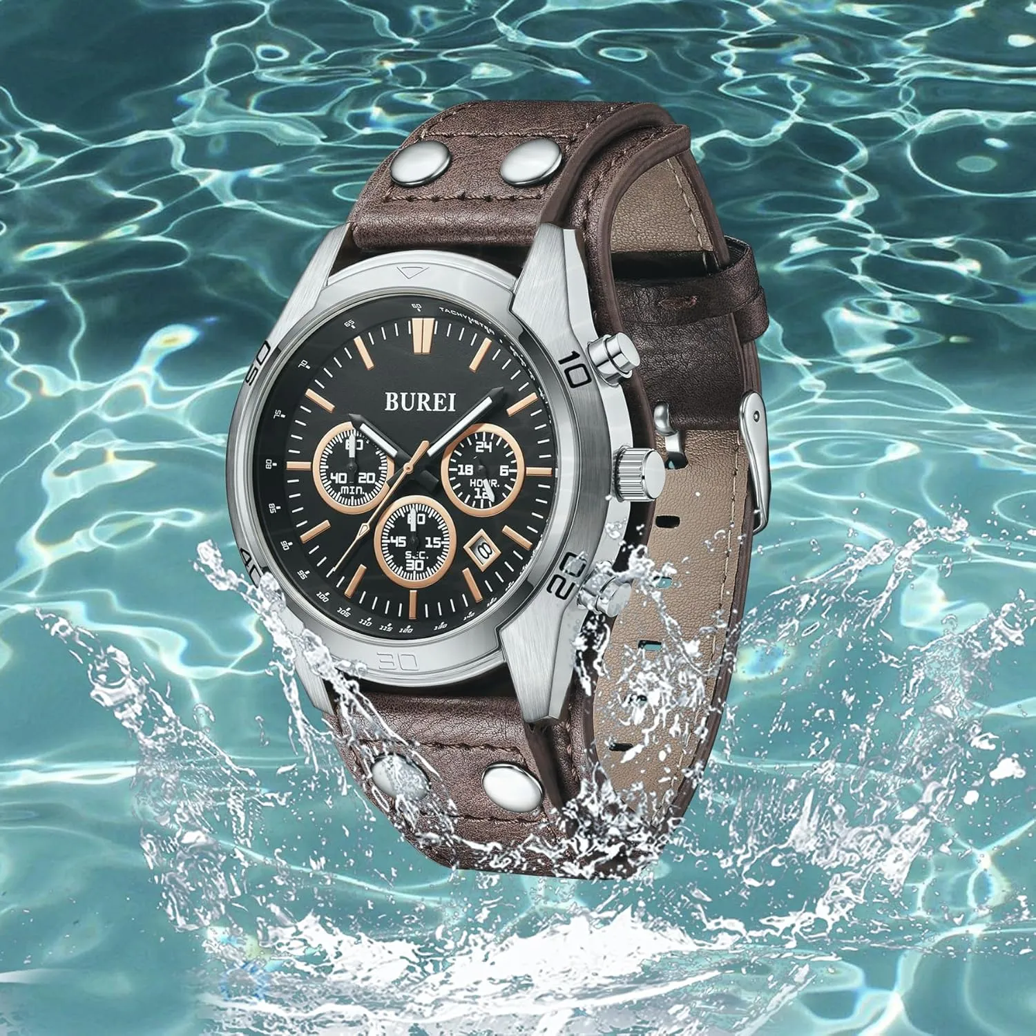 Fashion Waterproof Watch,Business Casual Men's Watch Analog Quartz Watch BUREI Men Black Watch Leather Watches for Men,Multifunction Chronograph Wrist outstanding viral injure consistently military modest Watch 