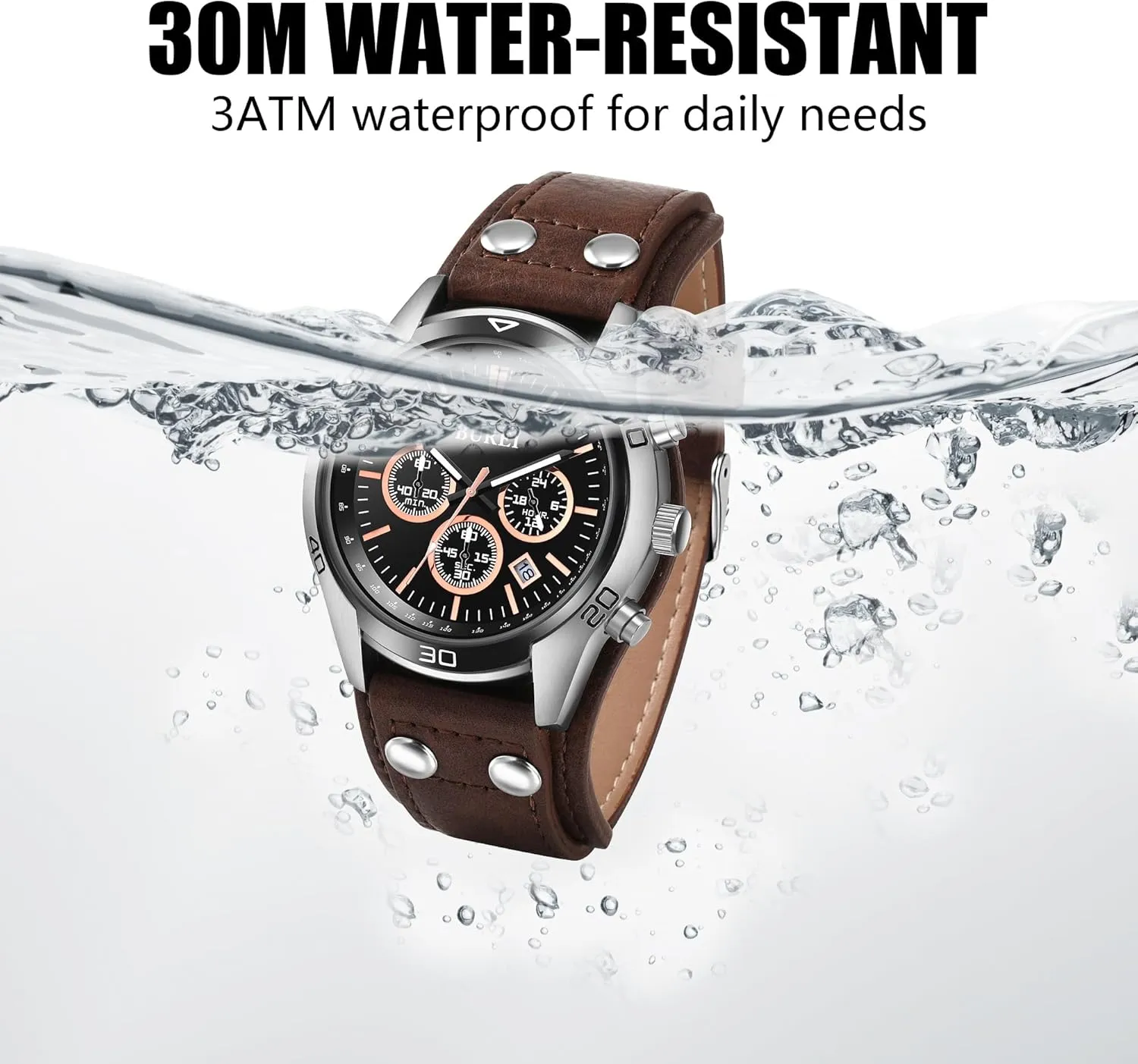Fashion Waterproof Watch,Business Casual Men's Watch Analog Quartz Watch BUREI Men Black Watch Leather Watches for Men,Multifunction Chronograph Wrist outstanding viral injure consistently military modest Watch 