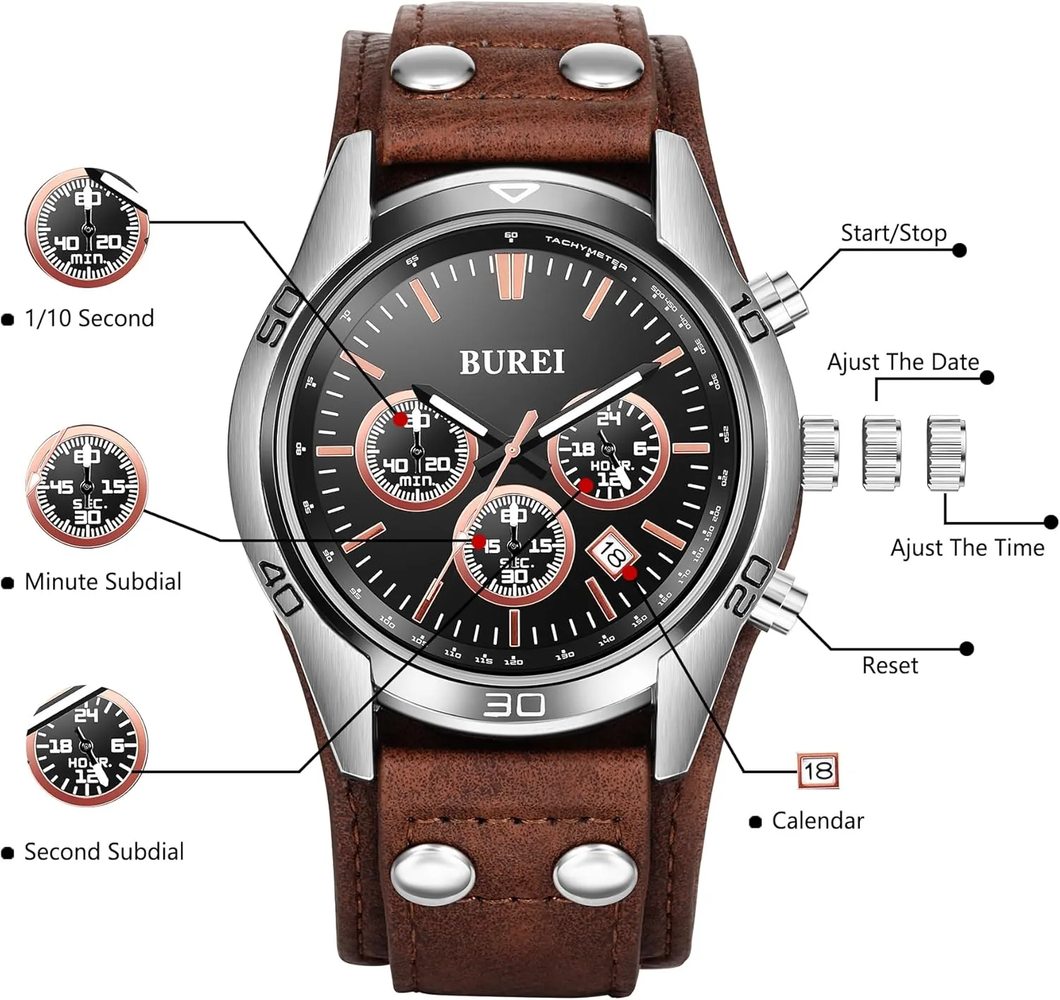 Fashion Waterproof Watch,Business Casual Men's Watch Analog Quartz Watch BUREI Men Black Watch Leather Watches for Men,Multifunction Chronograph Wrist outstanding viral injure consistently military modest Watch 