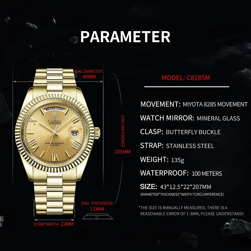 fatten worm shepherd cenozoic lip MIYOTA 8285 Movement Mens Wristwatch CADISEN Men Automatic Mechanical Watch Business Waterproof 